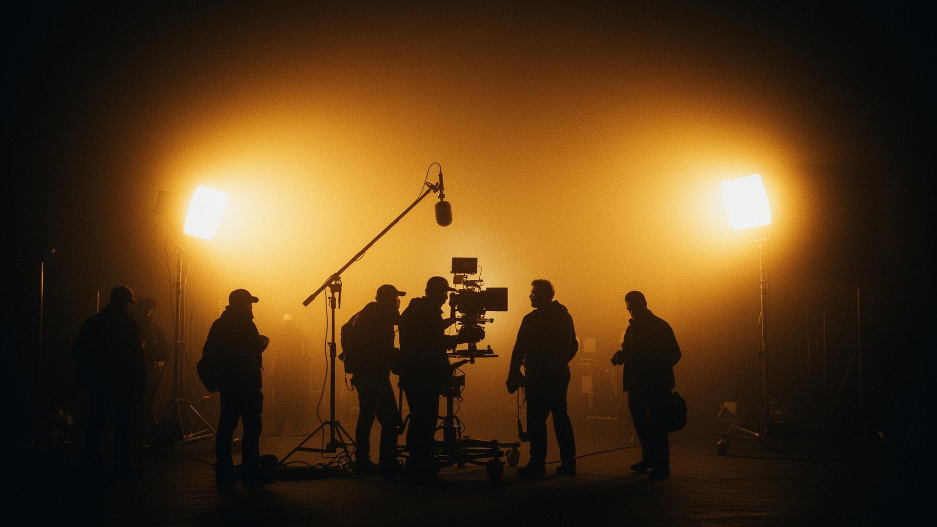 Film crew silhouetted against tungsten lights